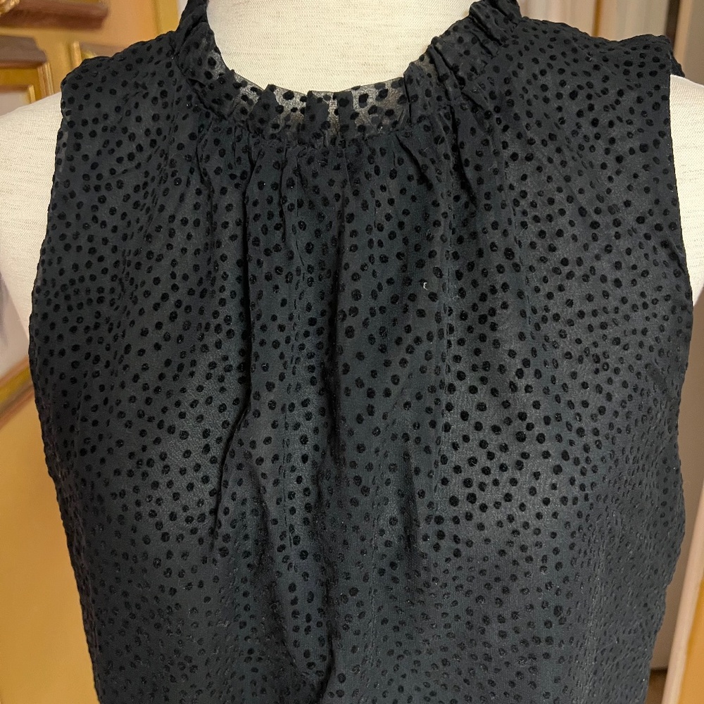 Loft Black Ruffle Neckline Blouse Lined w Sheer Polka Dot Overlay Sleeveless